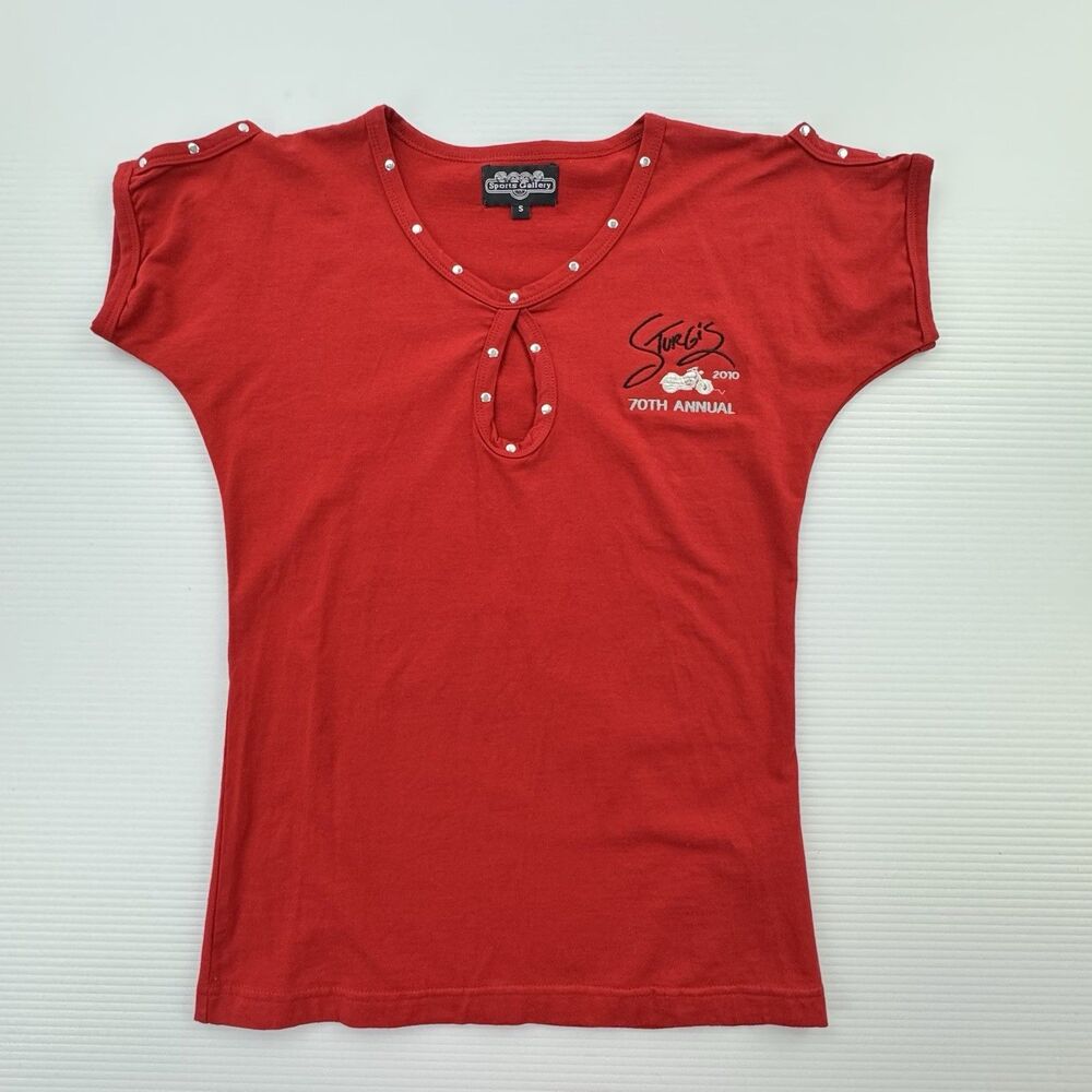 Sturgis 2010 70th Annual Womens Red Rhinestone Tee Shirt Small Motorcycle Biker